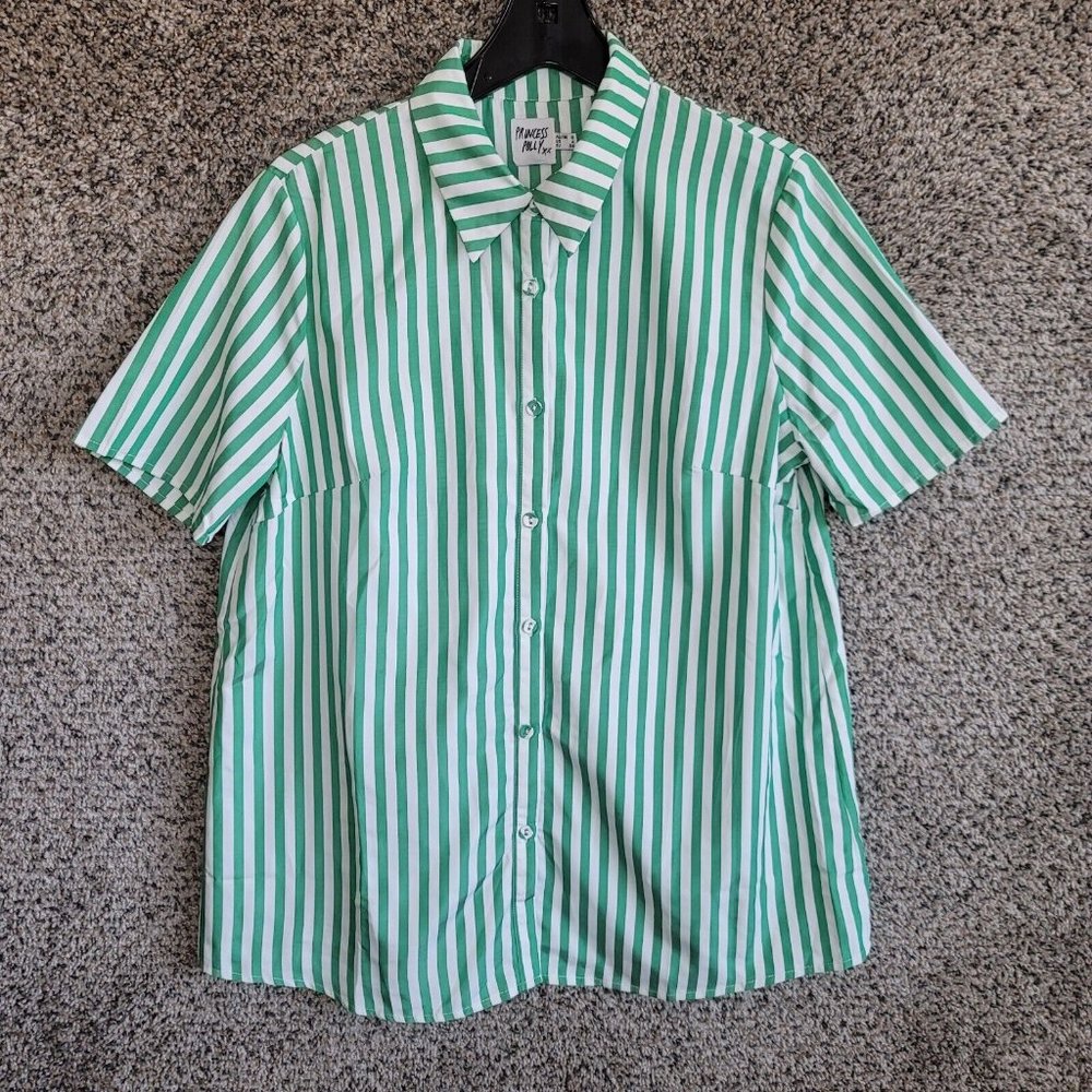 Princess Polly Top Womens 4 Green Striped Button Up Oversized Short Sleeve